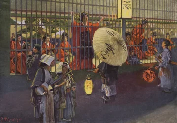 Scène dans le quartier de Yoshiwara à Tokyo, Japon (lithographie couleur)