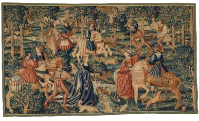 Tapisserie représentant des fauconniers chassant des oiseaux aquatiques