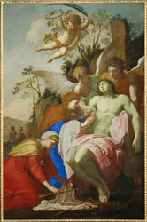 Saint Sébastien tendu par Sainte Irène (peinture sur toile)