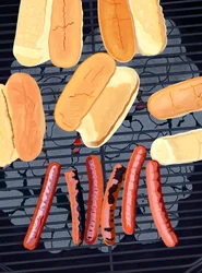 6 hot-dogs sur le grill, côté sud de Streef (art numérique)
