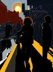 Figures rétroéclairées et soleil sur le trottoir de Manhattan (art numérique)