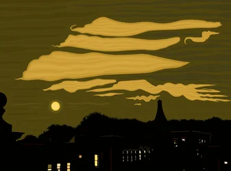 Nuages, lune et parc depuis le toit (art numérique)