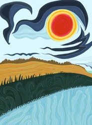 Champ, herbe et ciel sur la côte maritime (art numérique)