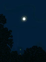 Maison avec pignon et lune la nuit, ombres d
