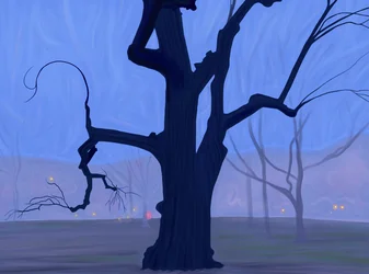 Grand arbre bleu seul dans un champ dans un matin brumeux et crépusculaire Brooklyn (art numérique)