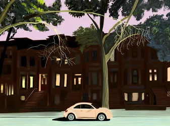 Voiture isolée sur un pâté de maisons, 2025 (art numérique)