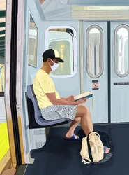Homme en short dénudé lisant un livre dans le métro, vers 2020-24 (art numérique)