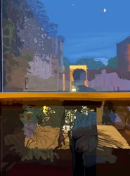 Homme reflété dans la fenêtre de la chambre à coucher la nuit (art numérique)