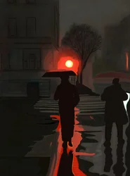 Homme marchant sous la pluie la nuit (art numérique)