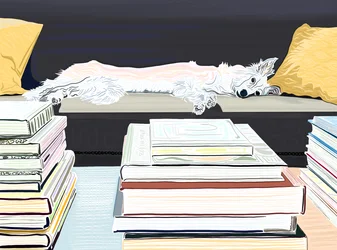Minnie sur le canapé avec des livres, vers 2020-24 (art numérique)