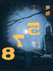 Neige de nuit vue à travers la numérotation de la porte d