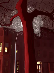 Rue et arbre de nuit éclairés par des sirènes et un lampadaire (art numérique)