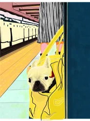 Voyageur du métro avec un chien dans son sac, Brooklyn (art numérique)