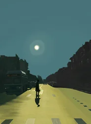 Soleil et femme marchant sur la neuvième rue (art numérique)