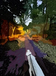Chien blanc marchant dans la forêt (art numérique)