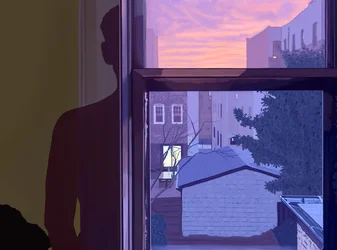 Fenêtre et mon ombre sur le mur au coucher du soleil