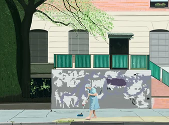 Femme balayant le trottoir, Brooklyn (art numérique)