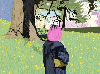 Femme Wirth Cheveux roses et champ de jonquilles (art numérique)