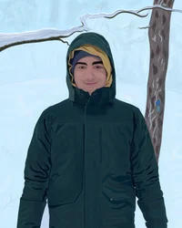 Jeune homme en parka vert dans la neige (art numérique)