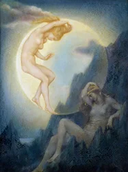 Symbolisme : "La Terre endormie et la Lune se reveillant" Peinture de Evelyn De Morgan (1855-1919) (pre-raphaelite) Collection privee