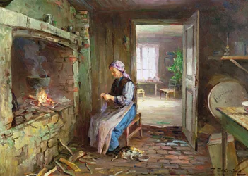 Femme tricotant près de la cheminée
