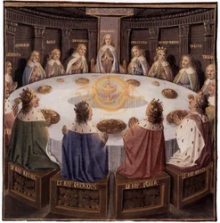 Légende arthurienne : les chevaliers de la Table ronde : Galaad (Galahad) sur le Siège périlleux, le Saint Graal apparaît, enluminure d