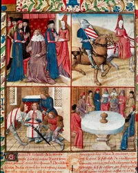 Le roi Arthur tenant cour, Lancelot conduit par une dame à l