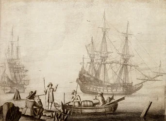 Hommes dans un bateau près de deux navires néerlandais