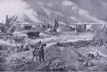Jacques II à la bataille de La Hogue, 23 mai 1692, illustration de British Battles on Land and Sea, 1915