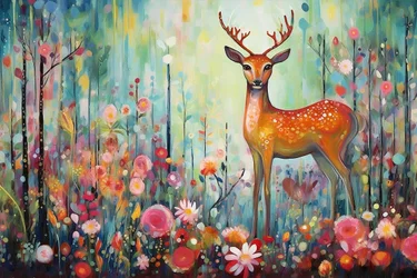 Un cerf dans la nature et les fleurs, couleurs vives