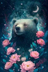 Ours dans une scène de rêve fantastique entouré de fleurs