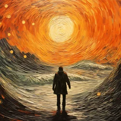 Scène surréaliste, un homme dans les vagues de la mer, style impressionniste de Vincent van Gogh