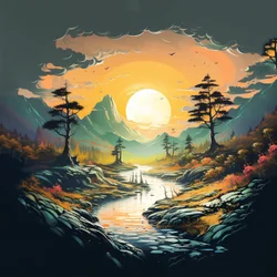 paysage de montagnes fantastiques au coucher du soleil, dessin numérique, art mural