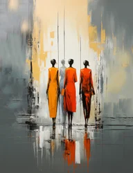 Personnes marchant dans une rue, peinture abstraite de femme