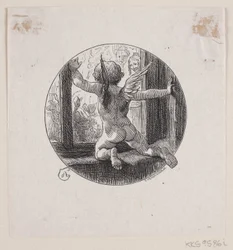 Vignette circulaire avec ange volant