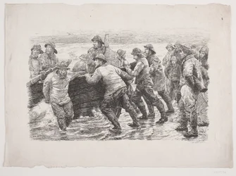 Pêcheurs en train de mettre un bateau à l