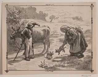 Illustration du conte populaire "Les trois petits cochons rouges"