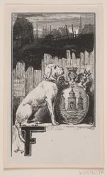 Vignette initiale."F" avec un chien et les armoiries de Copenhague