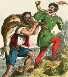 Robin des Bois et Petit Jean ramenant le gros cerf