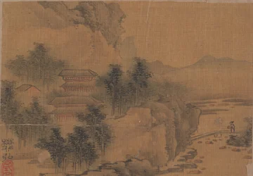 Paysage avec homme traversant un pont