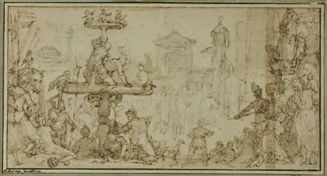 Un pape recevant un dignitaire dans un lieu public (recto) Caricatures de têtes (verso)