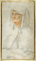 Vieille dame assise, mi-longueur (craies colorées sur papier)