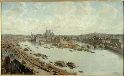 Vue panoramique de Paris en 1588, depuis les toits du Louvre, avec le Pont-Neuf en construction