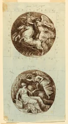 Dessin, Victoire ailée chevauchant un char ; Victoire ailée couronnant Minerve ; deux rondeaux, vers 1805