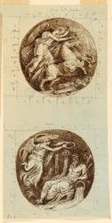 Dessin, Victoire ailée chevauchant un char ; Victoire ailée couronnant un dieu de la rivière, Reno ; deux rondeaux, vers 1805