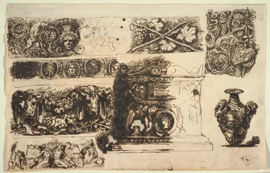 Frises; Un sarcophage antique; Un vase