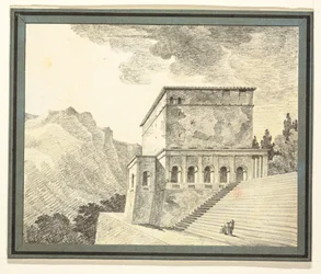 Temple classique imaginaire dans les montagnes