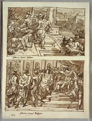 Remus tue le roi Amulius; Remus conduit enchaîné devant le roi Amulius; Deux études d