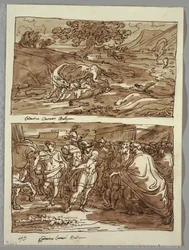 Romulus et Remus allaités par la louve; Romulus dédie à Jupiter Feretrius les dépouilles du roi Acronius conquis, deux études d