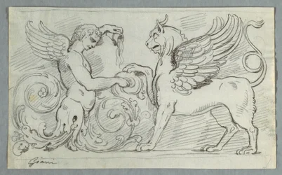 Frise sculptée avec demi-figure de garçon ailé et griffon